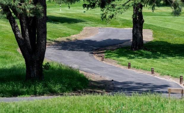 A paved path in a golf course.