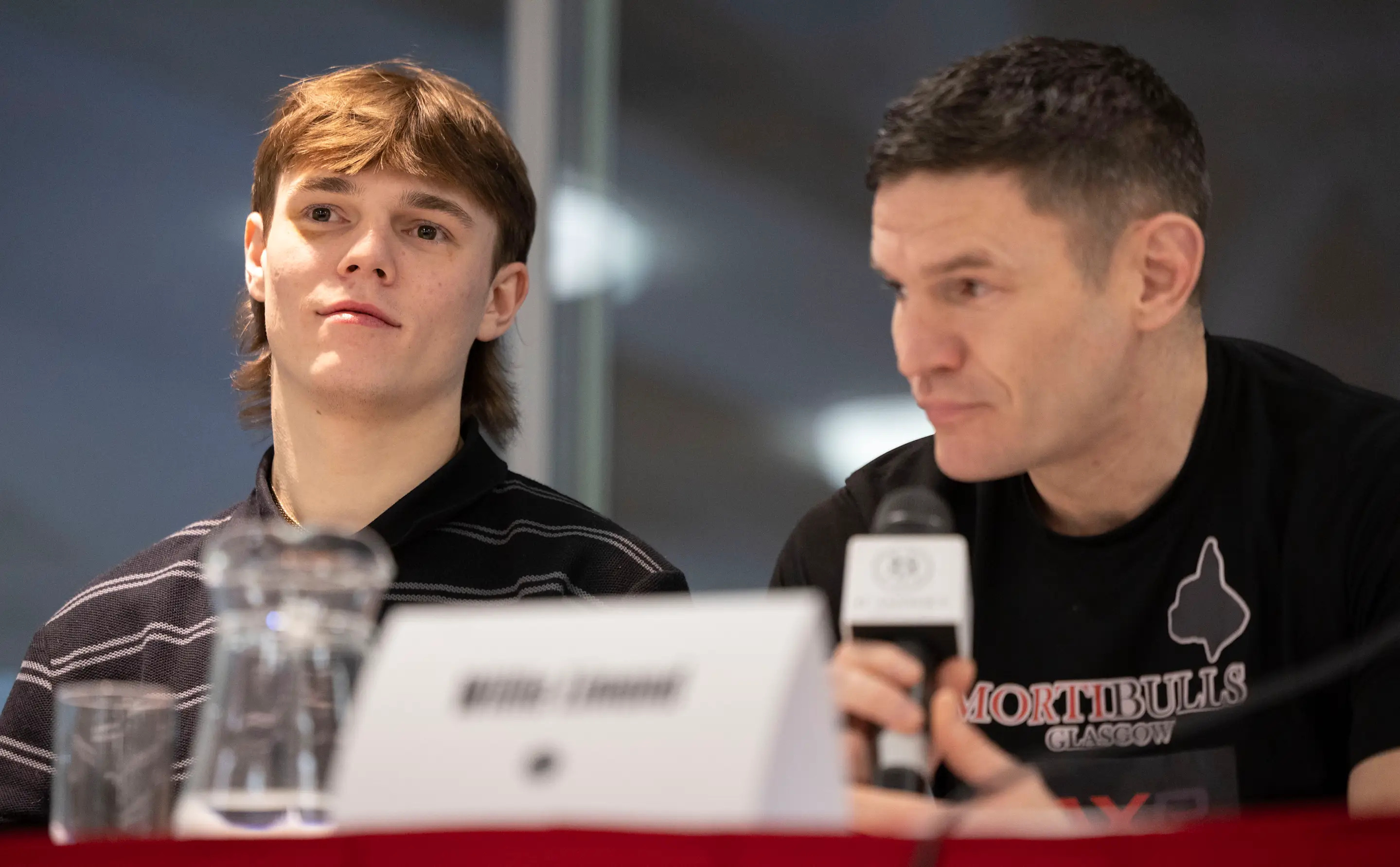 GLASGOW, SCOTLAND - FEBRUARY 01: Willie Limond (R) and son Jake Limond (L) during a press conference ahead of the Willie Limond and Joe Laws fight at the Emirates Arena, on February 01, 2024, in Glasgow, Scotland. (Photo by Ross MacDonald/SNS Group via Getty Images)