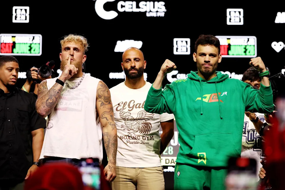 Jake Paul and Julio César Chávez Jr. face the media prior to their fight at Honda Center on Saturday.
