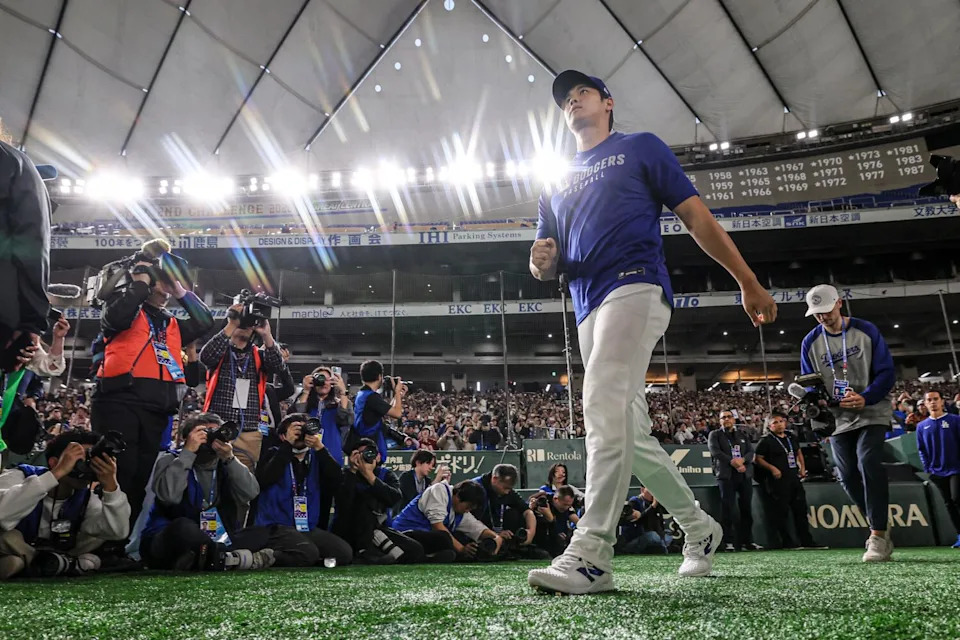 Dodgers star Shohei Ohtani enters the field at the Tokyo Dome for a workout ahead of this weeks MLB Tokyo Series 2025.