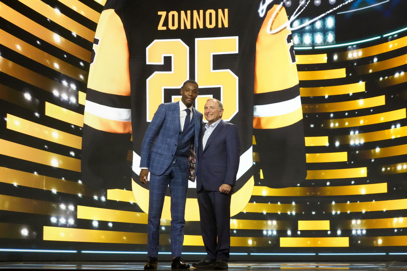 Jun 27, 2025; Los Angeles, California, USA; Bill Zonnon is selected as the 22nd overall pick to the Pittsburgh Penguins in the first round of the 2025 NHL Draft at Peacock Theater. Mandatory Credit: Kirby Lee-Imagn Images