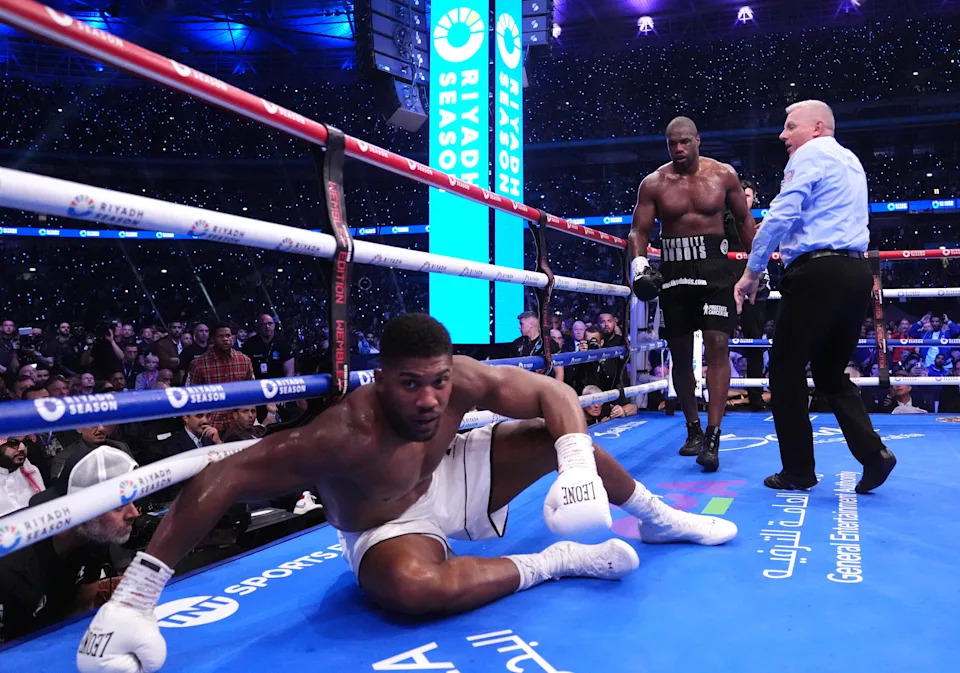 Anthony Joshua gets knocked down in the IBF World Heavy weight bout at Wembley Stadium, London. Picture date: Saturday September 21, 2024. (Photo by Bradley Collyer/PA Images via Getty Images)
