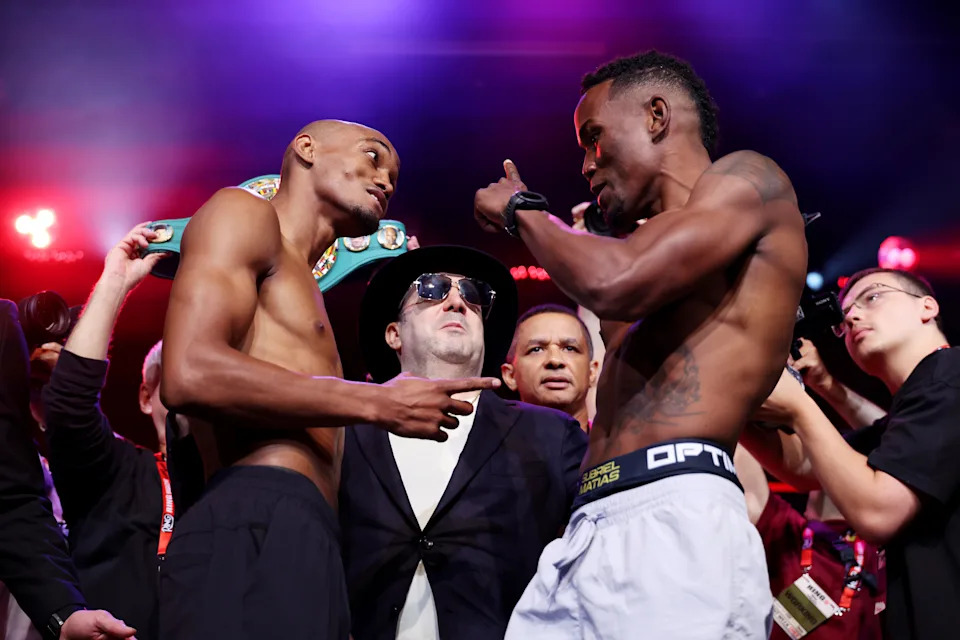 NEW YORK, NEW YORK - JULY 11: Alberto Puello (L) and Subriel Matias (R) face off during weigh ins ahead of their WBC super lightweight title fight at Hard Rock Cafe - Times Square on July 11, 2025 in New York City. (Photo by Cris Esqueda/Golden Boy/Getty Images)