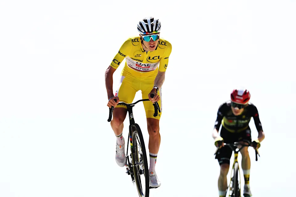 Pogačar crosses the finish line just ahead of Jonas Vingegaard after a thrilling race to the top of Mont Ventoux. (Tim de Waele/Getty Images)