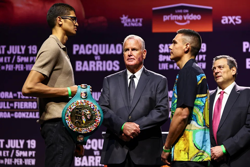 LOS ANGELES, CALIFORNIA - JUNE 03: Sebastian Fundora (L) and Tim Tszyu (R) pose prior to their WBC super welterweight rematch fight at The NOVO at L.A. Live on June 03, 2025 in Los Angeles, California. (Photo by Melina Pizano/Getty Images)