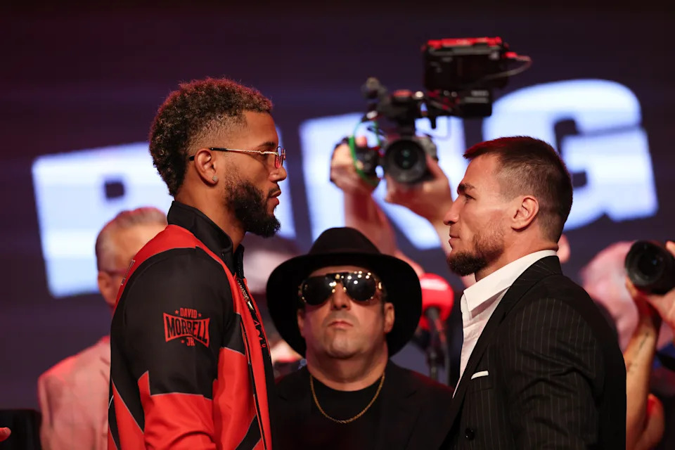 NEW YORK, NEW YORK - JULY 10: David Morrell (L) and Imam Khataev (R) face off during a press conference ahead of their fight at Hard Rock Cafe - Times Square on July 10, 2025 in New York City. (Photo by Cris Esqueda/Golden Boy/Getty Images)