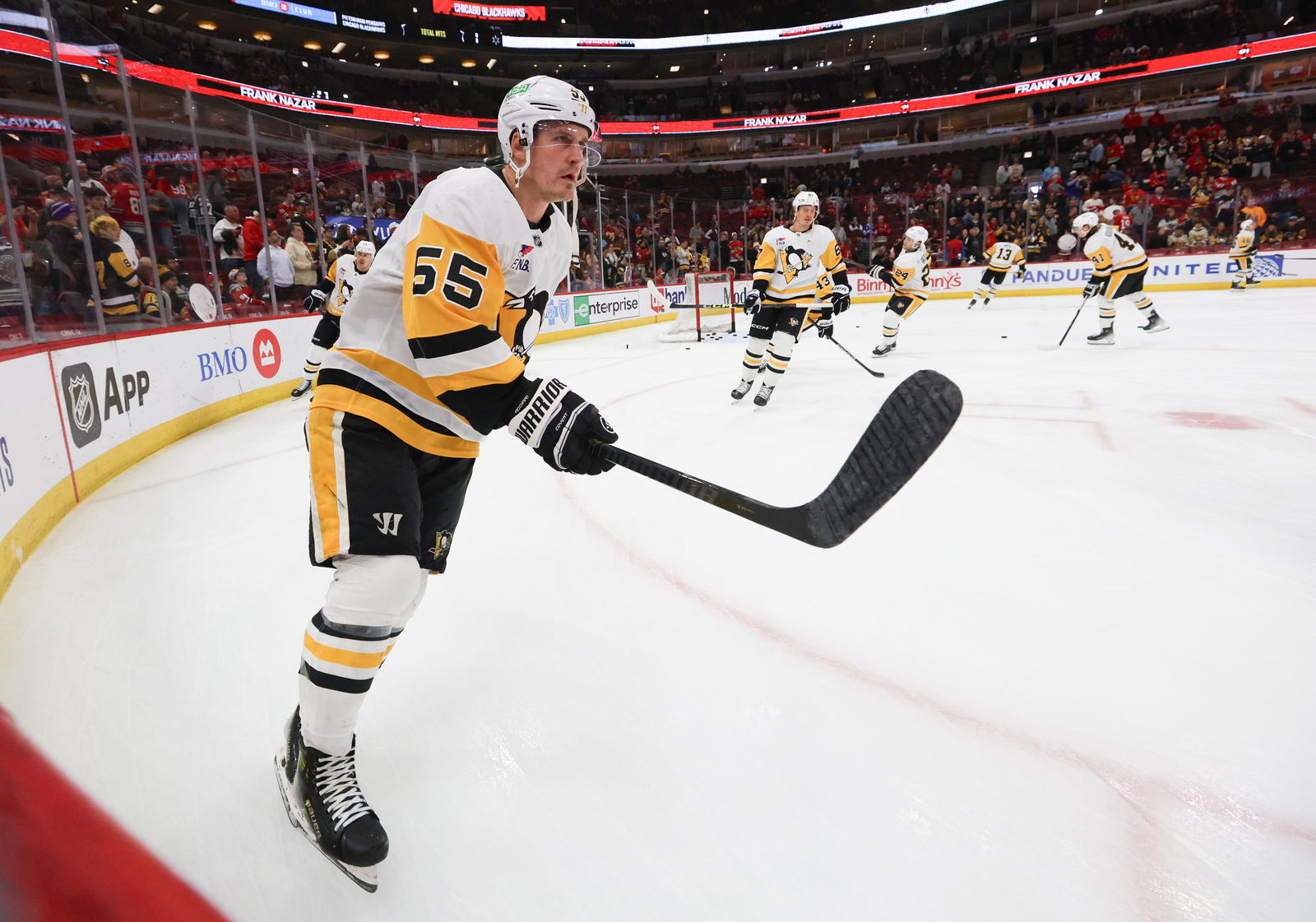 Apr 6, 2025; Chicago, Illinois, USA; Pittsburgh Penguins center Noel Acciari (55) warms up before a game against the Chicago Blackhawks at United Center. Mandatory Credit: Talia Sprague-Imagn Images