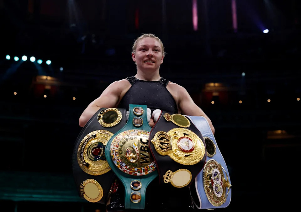 Boxing - Natasha Jonas v Lauren Price - British Welterweight Championship - The Royal Albert Hall, London, Britain - March 7, 2025 Lauren Price celebrates after winning her fight against Natasha Jonas Action Images via Reuters/Andrew Couldridge