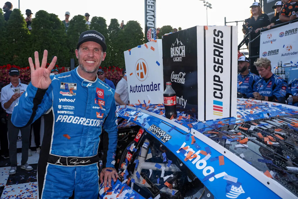 NASCAR: Denny Hamlin holds on for chaotic overtime win at Dover after hour-long rain delay with 14 scheduled laps to go