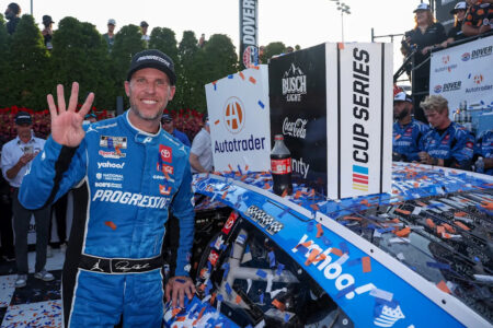 NASCAR: Denny Hamlin holds on for chaotic overtime win at Dover after hour-long rain delay with 14 scheduled laps to go