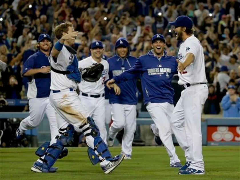 Los Angeles Dodgers starting pitcher Clayton Kershaw celebrates his no hitter against the Rockies
