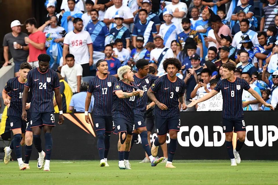 ST LOUIS, MISSOURI - JULY 02: Diego Luna #10 of United States celebrates with teammates after scoring the first goal against Guatemala during the first half of the Gold Cup 2025 Semifinals at Energizer Park on July 02, 2025 in St Louis, Missouri. (Photo by Bill Barrett/ISI Photos/USSF/Getty Images)