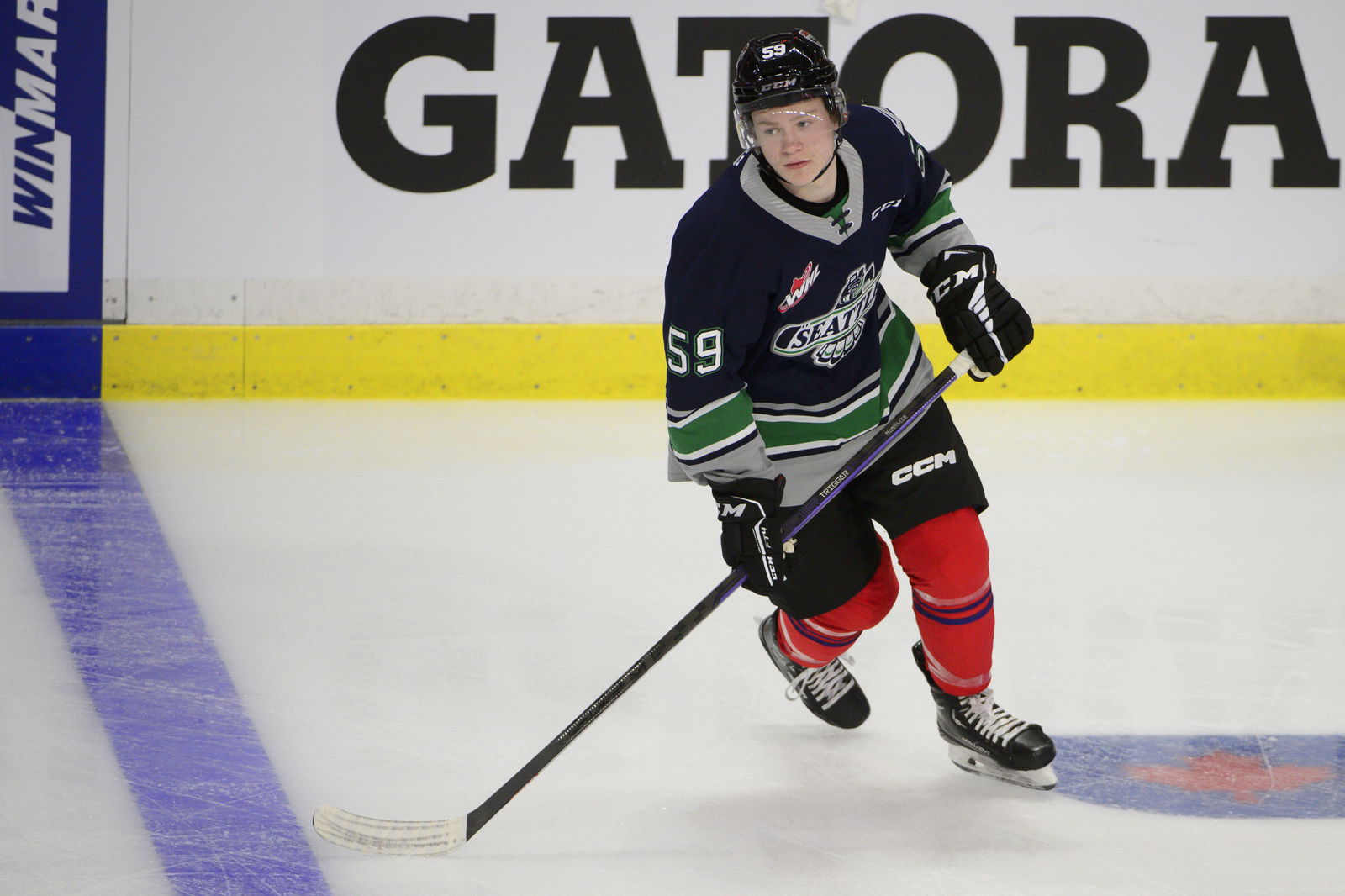 CHL Top Prospects team red forward Gracyn Sawchyn (59) warms up in the CHL Top Prospects ice hockey game at Langley Events Centre. Mandatory Credit: Anne-Marie Sorvin-Imagn Images