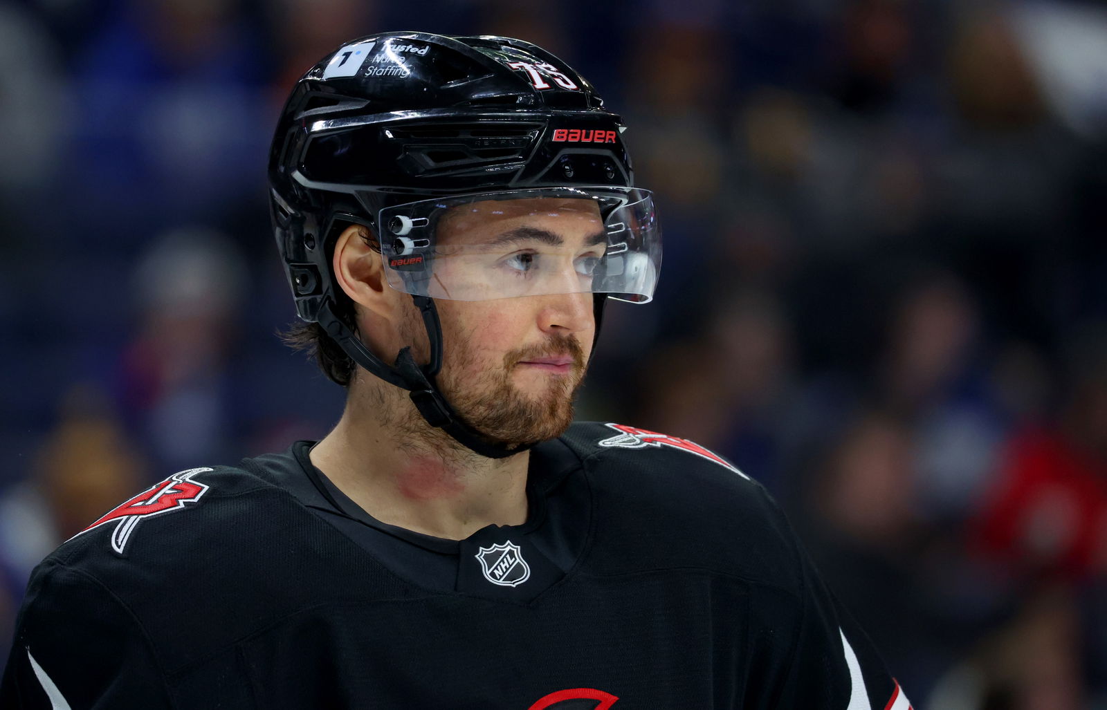 Apr 17, 2025; Buffalo, New York, USA; Buffalo Sabres defenseman Connor Clifton (75) during a stoppage in play during the third period against the Philadelphia Flyers at KeyBank Center. Mandatory Credit: Timothy T. Ludwig-Imagn Images