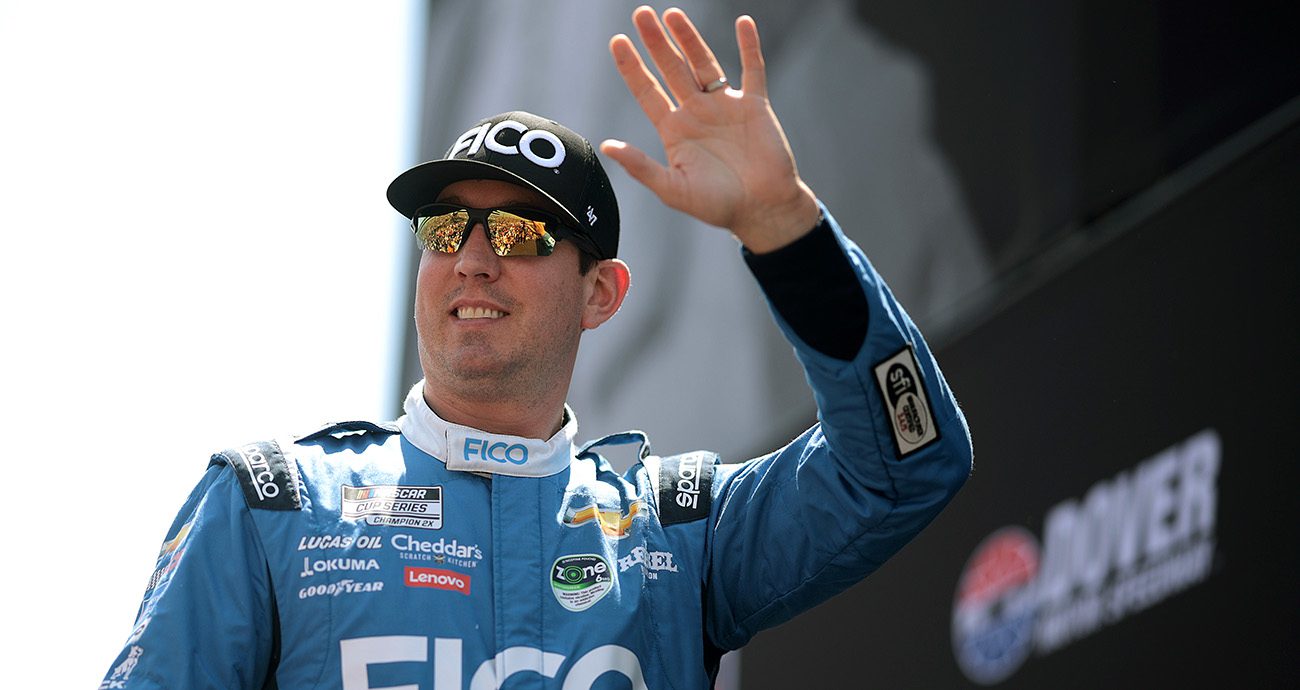 DOVER, DELAWARE - APRIL 28: Kyle Busch, driver of the #8 FICO Chevrolet, waves to fans as walks onstage during driver intros prior to he the NASCAR Cup Series Würth 400 at Dover International Speedway on April 28, 2024 in Dover, Delaware. (Photo by James Gilbert/Getty Images)