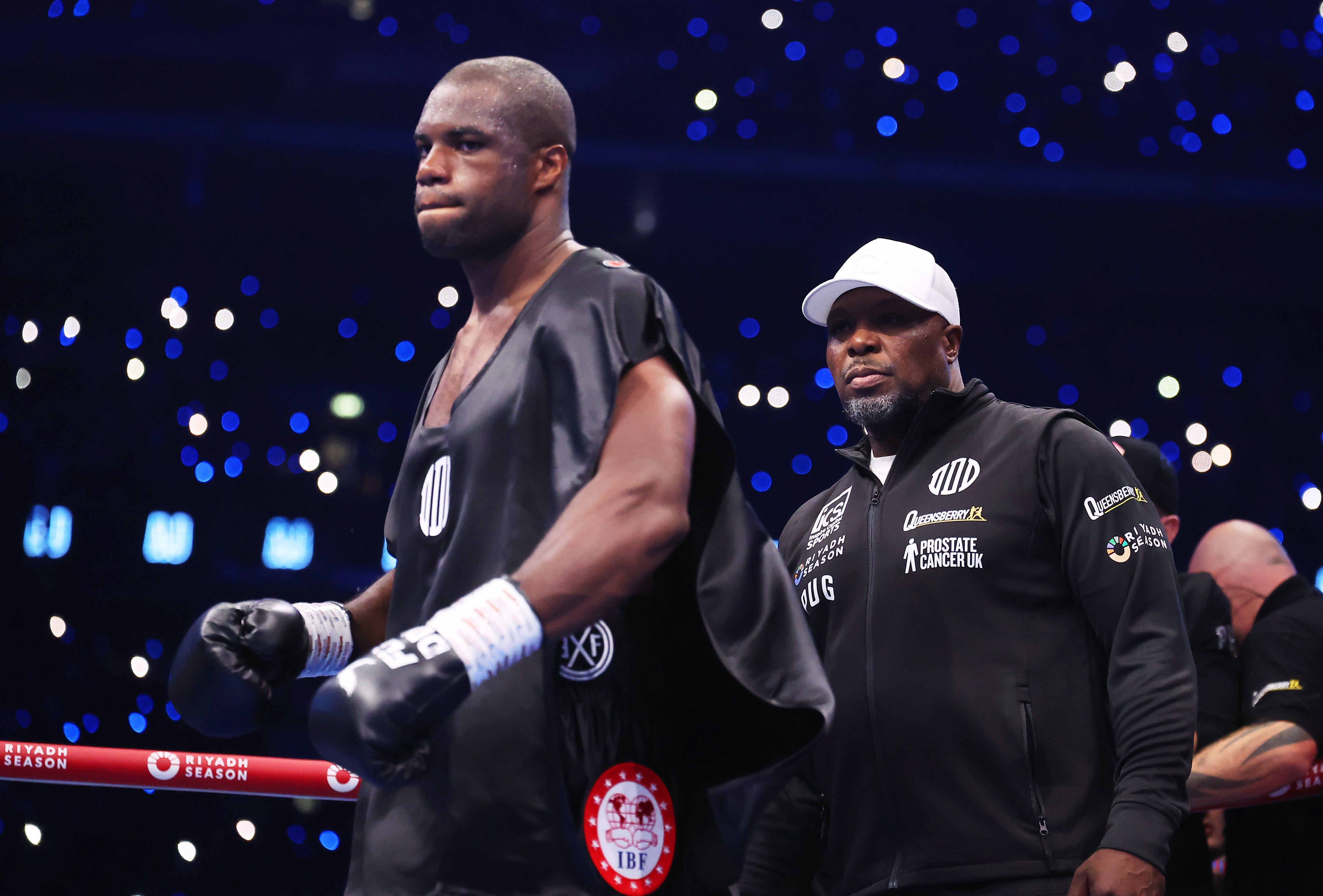 Dubois’s coach, Don Charles (right), with his fighter at Wembley