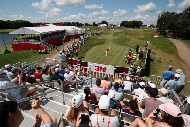 Tom Kim of South Korea plays his shot from the 18th tee during the third round of the 3M Open 2025 at TPC Twin Cities on July 26, 2025 in Blaine, Minnesota. (Photo by Andrew Wevers/Getty Images)