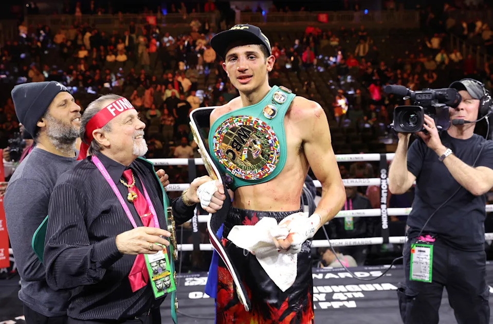 LAS VEGAS, NEVADA - MARCH 30:  Sebastian Fundora poses his title belts after defeating WBO junior middleweight champion Tim Tszyu at T-Mobile Arena on March 30, 2024 in Las Vegas, Nevada. Fundora won Tszyu's title and a vacant WBC title by split decision. (Photo by Steve Marcus/Getty Images)