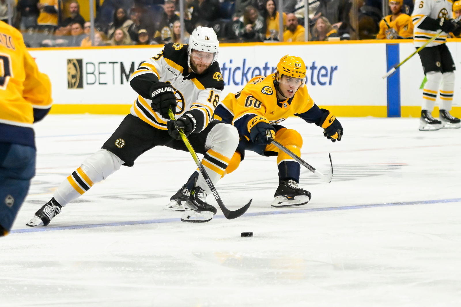 Oct 22, 2024; Nashville, Tennessee, USA; Nashville Predators left wing Zachary L'Heureux (68) steals the puck from Boston Bruins center Pavel Zacha (18) during the second period at Bridgestone Arena. Mandatory Credit: Steve Roberts-Imagn Images