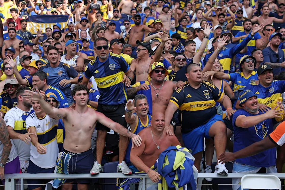 NASHVILLE, TENNESSEE - JUNE 24: CA Boca Juniors fans interact with players as they exit the pitch following the FIFA Club World Cup 2025 group C match between Auckland City FC and CA Boca Juniors at GEODIS Park on June 24, 2025 in Nashville, Tennessee. (Photo by Patrick Smith - FIFA/FIFA via Getty Images)