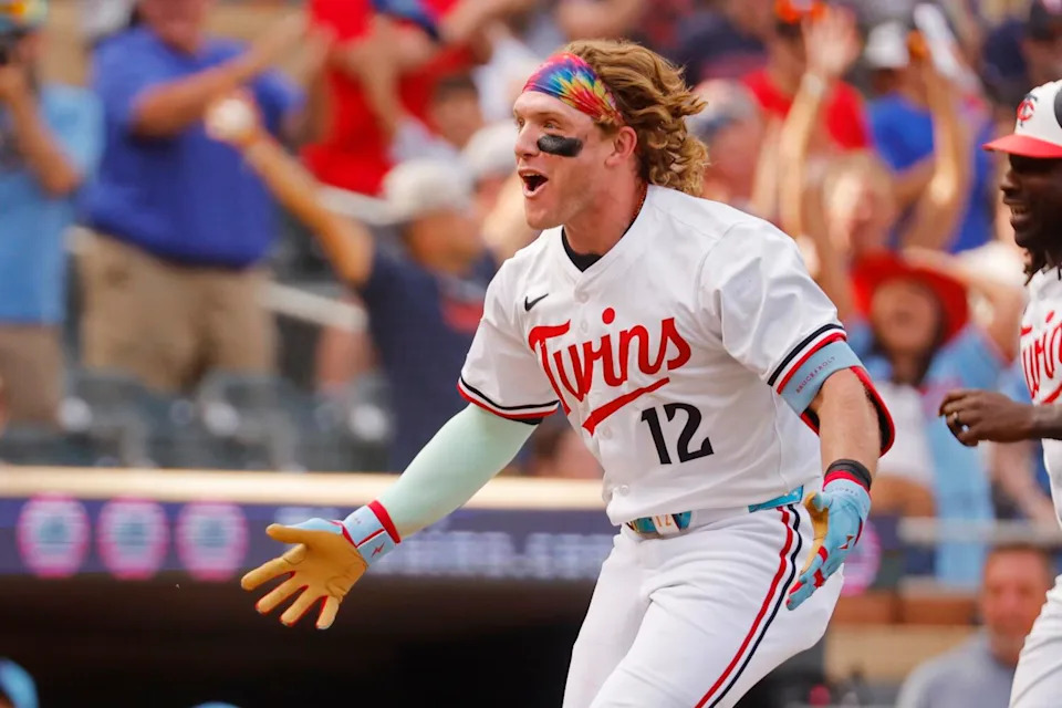 Minnesota's Harrison Bader celebrates after hitting a walk-off home run against Tampa Bay on July 4.