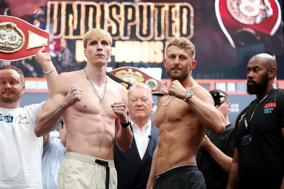 LONDON, ENGLAND - JULY 18: Daniel Lapin faces off against Lewis Edmondson poses for a photograph as he weighs in during the 'Undisputed' weigh in at BOXPARK Wembley on July 18, 2025 in London, England. (Photo by Richard Pelham/Getty Images)