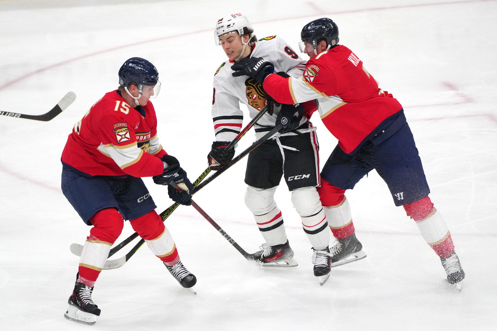 Anton Lundell, Connor Bedard and Dmitry Kulikov (Jim Rassol-Imagn Images)