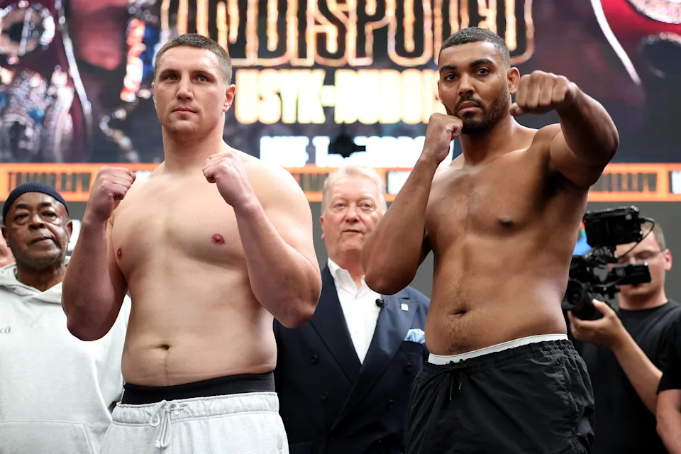 LONDON, ENGLAND - JULY 18: Vladyslav Sirenko poses for a photograph with Solomon Dacres during the 'Undisputed' weigh in at BOXPARK Wembley on July 18, 2025 in London, England. (Photo by Richard Pelham/Getty Images)