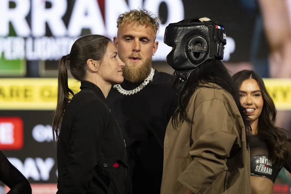 NEW YORK, USA - APRIL 09: Katie Taylor (L), Amanda Serrano (R), and Jake Paul (M) during the kick-off press conference for Taylor vs Serrano 3 at The Theater at Madison Square Garden in New York City, New York, U.S., April 9, 2025. (Photo by Mostafa Bassim/Anadolu via Getty Images)