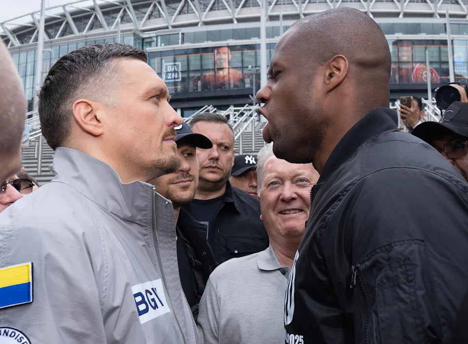 LONDON, ENGLAND - JULY 15: Oleksandr Usyk v Daniel Dubois face of outside Wembley Stadium  during  'Undisputed' photocall at Wembley Stadium on July 15, 2025 in London, England. (Photo by Richard Pelham/Getty Images)