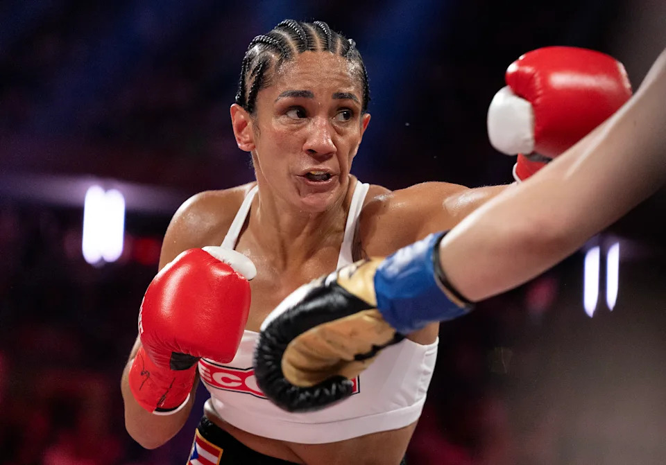NEW YORK, NEW YORK - JULY 11:  Amanda Serrano in action against Katie Taylor in their undisputed IBF, WBA, WBC, WBO, and Ring super lightweight championship bout during Netflix's Katie Taylor vs Amanda Serrano 3 at Madison Square Garden on July 11, 2025 in New York City. (Photo by Al Bello/Getty Images for Netflix)