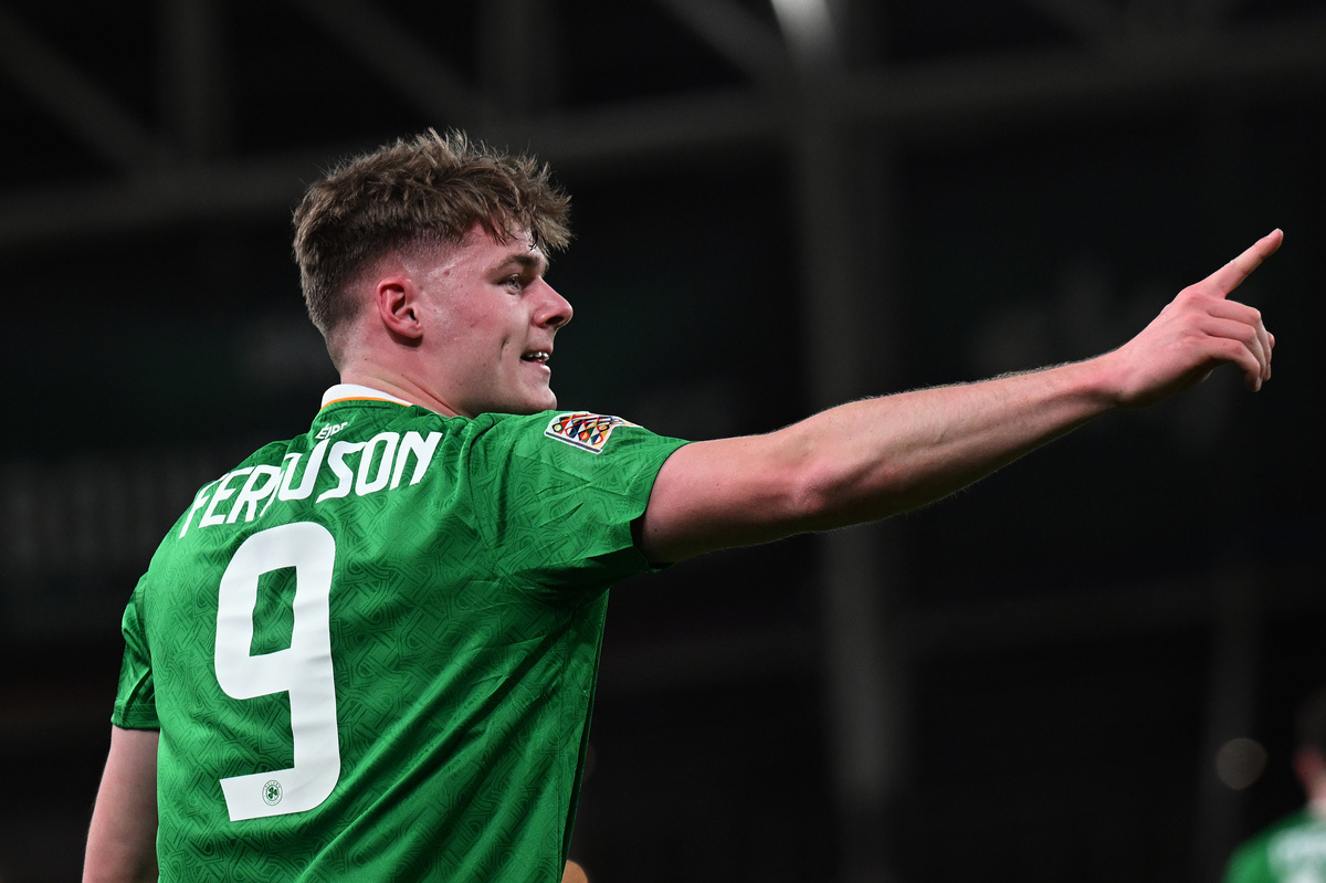 DUBLIN, IRELAND - MARCH 23: Evan Ferguson of Republic of Ireland celebrates scoring his team's first goal during the UEFA Nations League 2024/25 League B/C Play-offs Second Leg match between Republic of Ireland and Bulgaria at Aviva Stadium on March 23, 2025 in Dublin, Ireland. (Photo by Charles McQuillan/Getty Images)