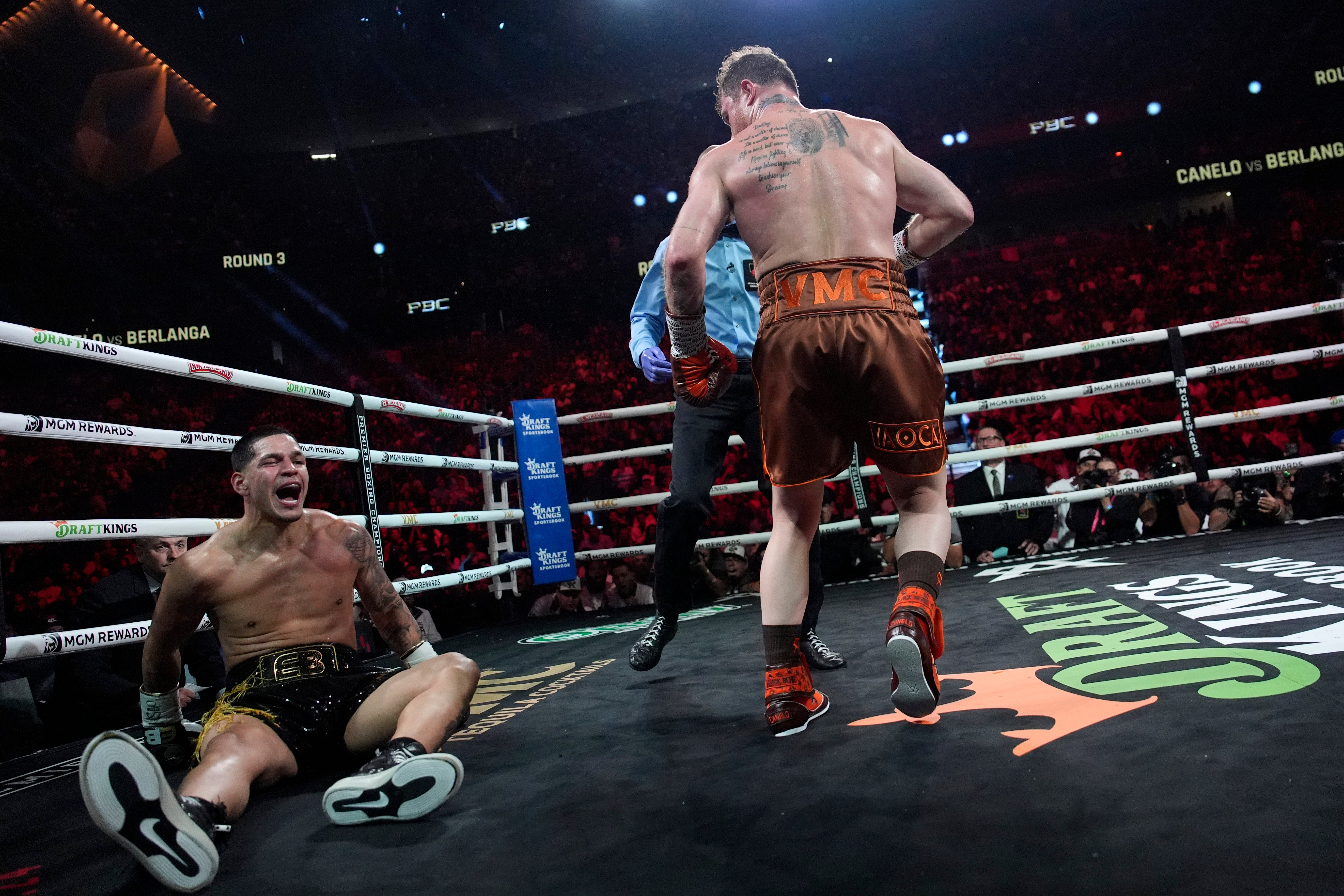 Edgar Berlanga (left) was dropped and outpointed by Canelo, but there’s no shame in that