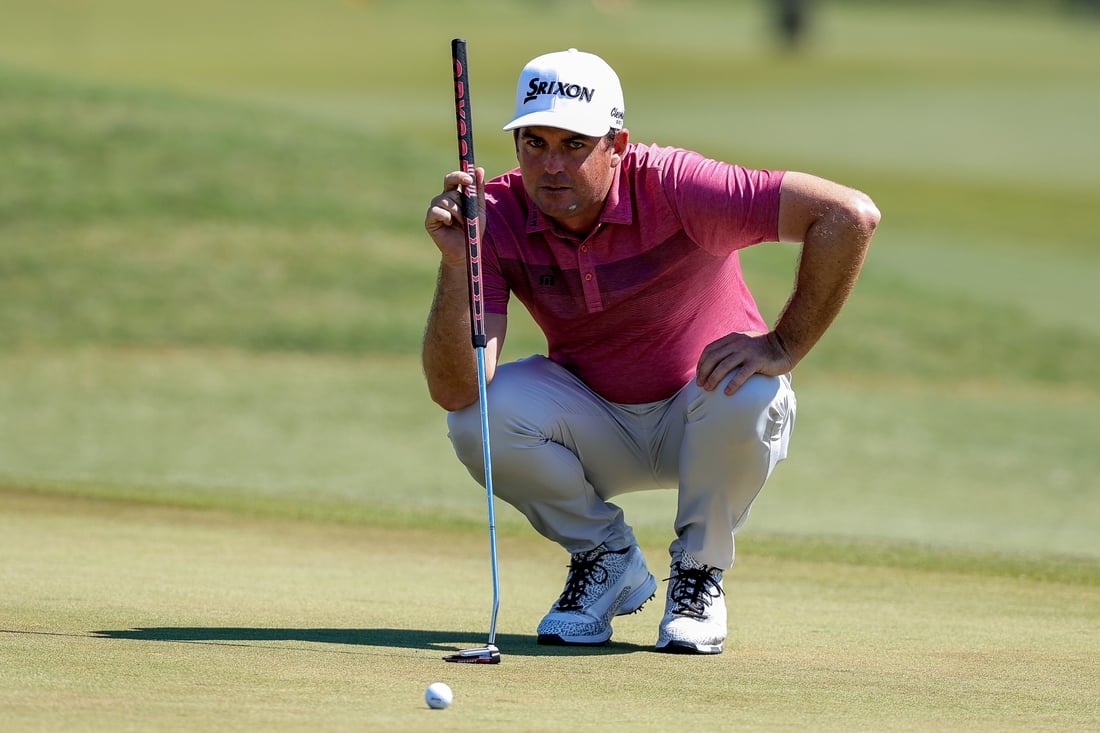Apr 25, 2021; Avondale, Louisiana, USA; Keegan Bradley lines up a putt on the 13th green during the final round round of the Zurich Classic of New Orleans golf tournament. Mandatory Credit: Stephen Lew-USA TODAY Sports