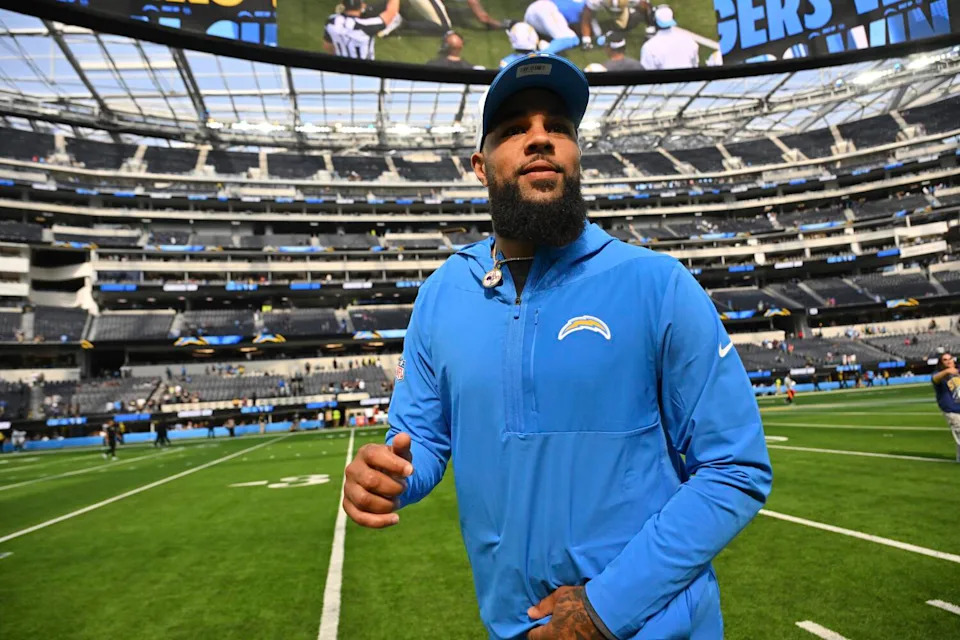 Chargers wide receiver Keenan Allen walks off the field after a preseason win at SoFi Stadium.