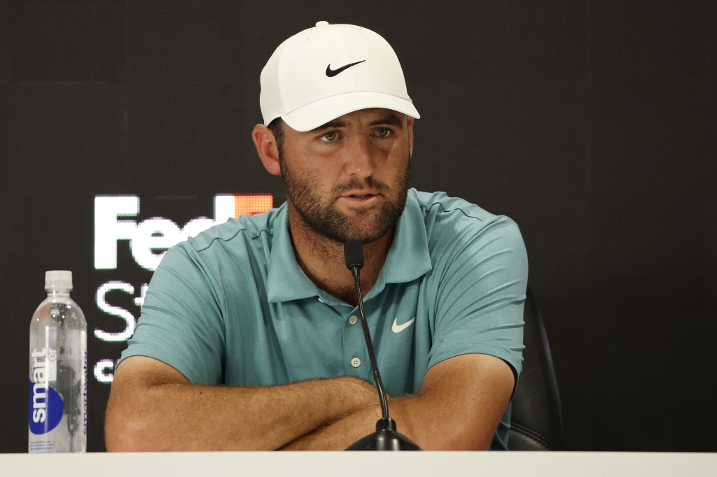 Scottie Scheffler of the United States speaks with the media prior to the FedEx St. Jude Championship 2025 at TPC Southwind on August 06, 2025 in Memphis, Tennessee. 