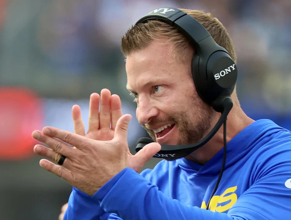 Rams coach Sean McVay claps during the team's preseason opener Saturday against the Cowboys at SoFi Stadium.