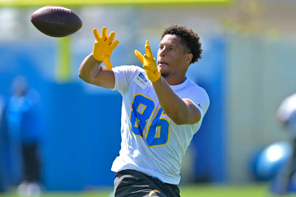Chargers tight end Oronde Gadsden II catches a pass during practice in May.