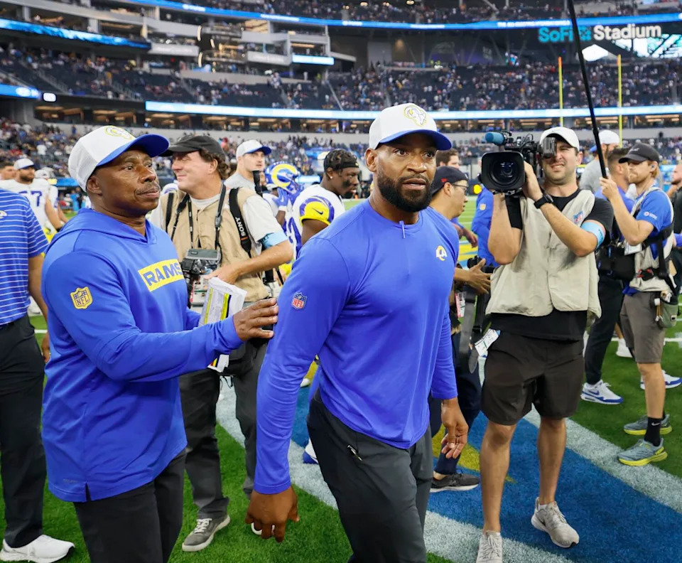 Rams defensive backs coach and passing game coordinator Aubrey Pleasant leaves the field after beating the Chargers.