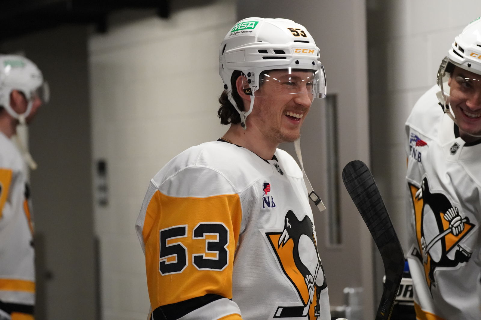 Jan 27, 2025; San Jose, California, USA; Pittsburgh Penguins center Philip Tomasino (53) walks out to the ice during pre-game warms up against the San Jose Sharks at SAP Center at San Jose. Mandatory Credit: David Gonzales-Imagn Images