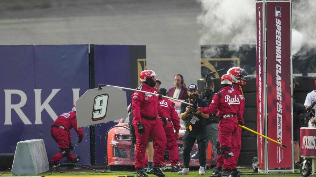 NASCAR pit crew introducers players pregame at MLB Speedway Classic