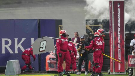 NASCAR pit crew introducers players pregame at MLB Speedway Classic
