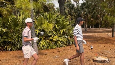 Charlie Woods, Miles Russell get in a practice round at TPC Sawgrass