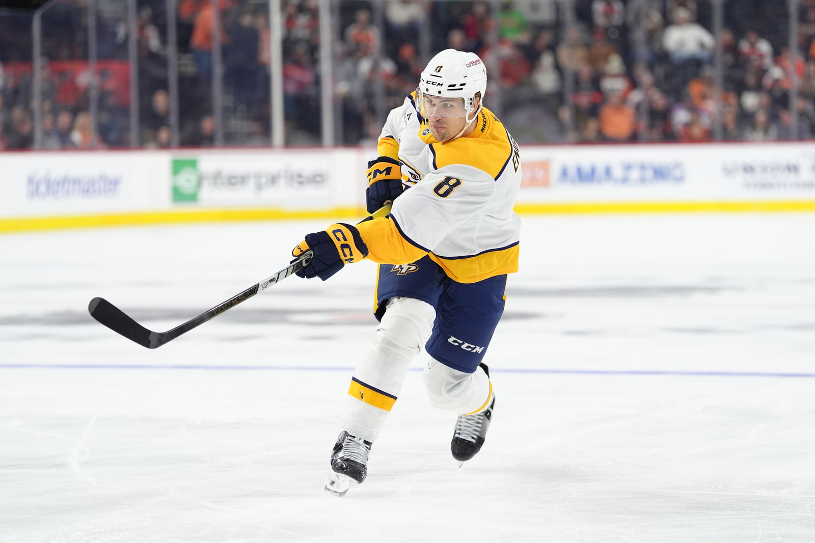 Mar 31, 2025; Philadelphia, Pennsylvania, USA; Nashville Predators defenseman Andreas Englund (8) shoots the puck against the Philadelphia Flyers in the first period at Wells Fargo Center. Mandatory Credit: Kyle Ross-Imagn Images