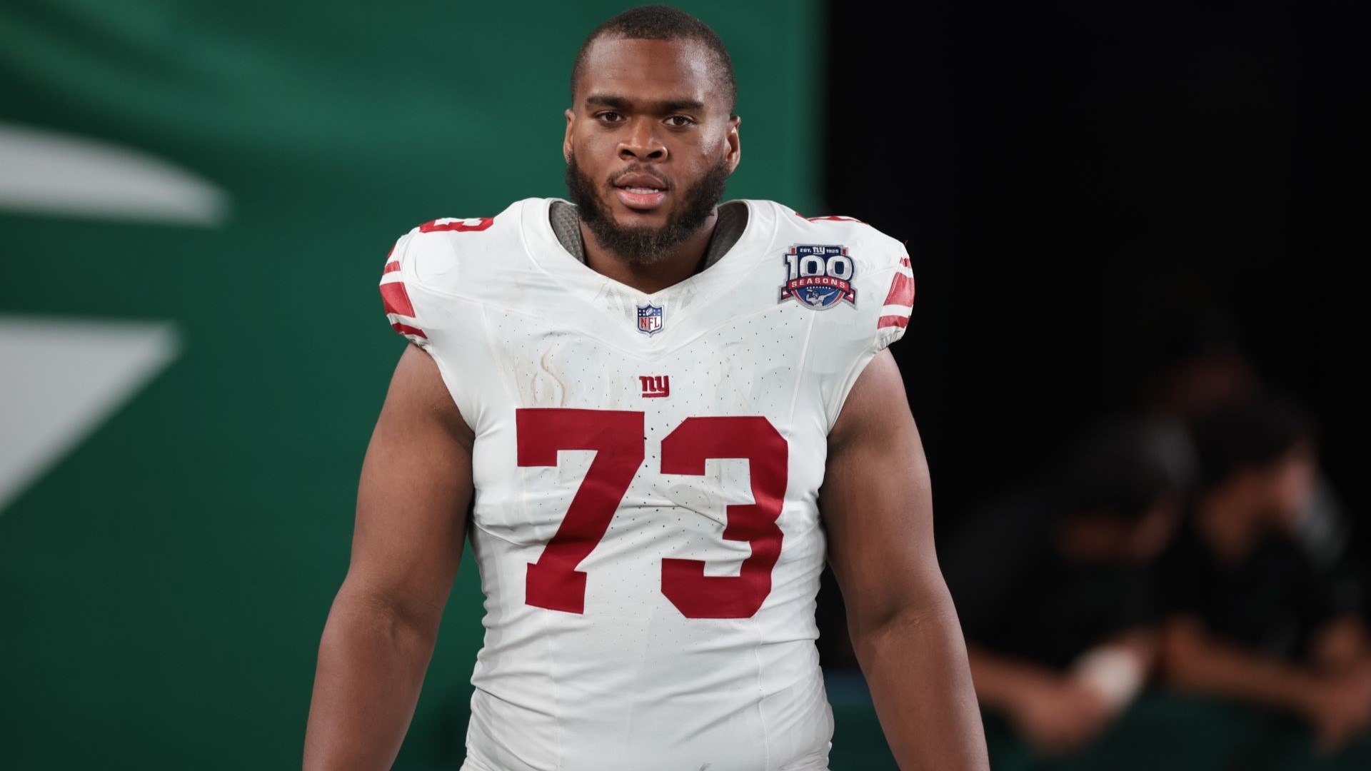 Aug 24, 2024; East Rutherford, New Jersey, USA; New York Giants offensive tackle Evan Neal (73) after the game at MetLife Stadium.