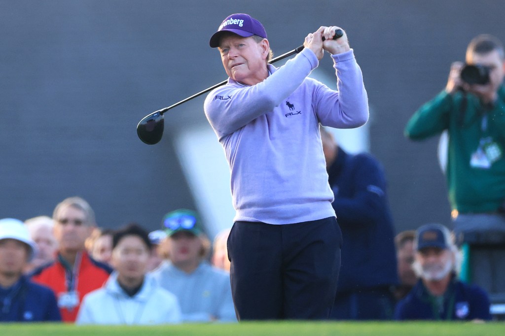 Tom Watson of the United States tees off on the 1st hole during the first round of the 2025 Masters Tournament at Augusta National Golf Club on April 10, 2025 in Augusta, Georgia.