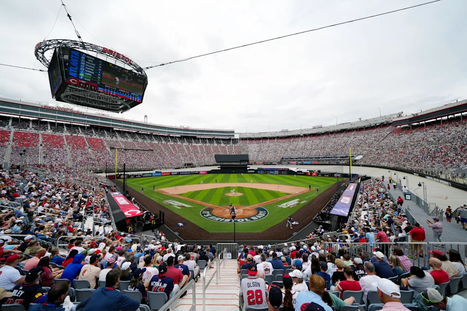 BRISTOL, TN - AUGUST 03: A general view of the field at Bristol Motor Speedway during the 2025 MLB Speedway Classic presented by BulidSubmarines.com between the Atlanta Braves and the Cincinnati Reds on Sunday, August 3, 2025 in Bristol, Tennessee. (Photo by Daniel Shirey/MLB Photos via Getty Images)