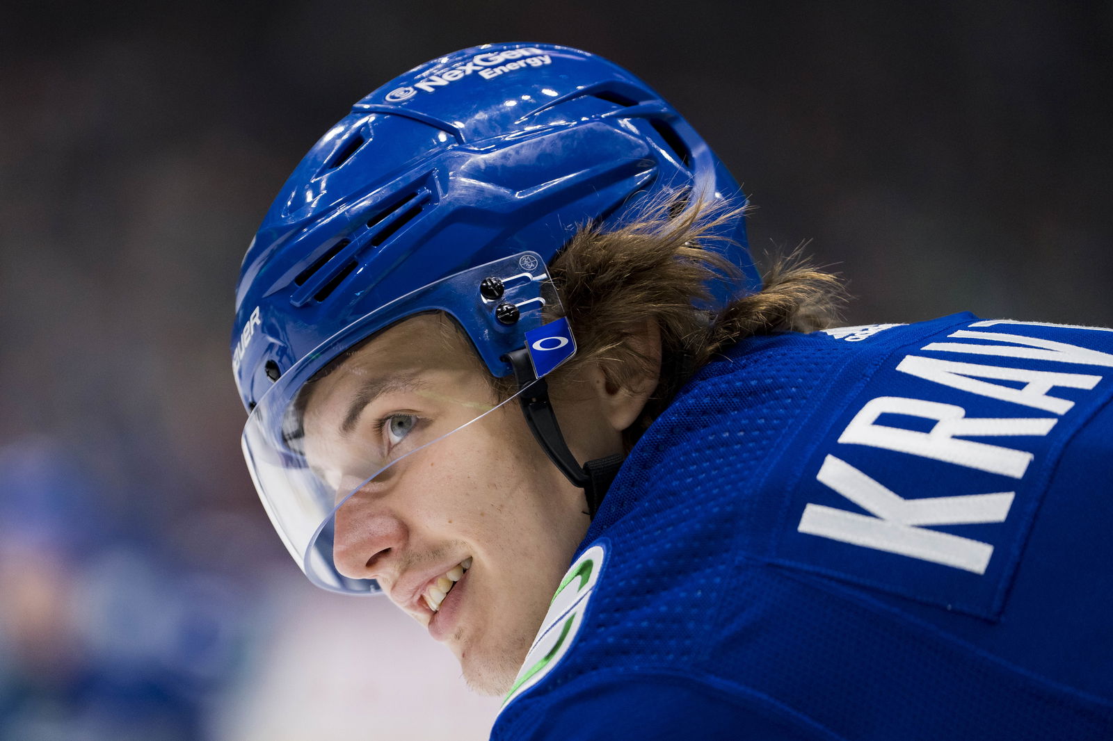 Mar 23, 2023; Vancouver, British Columbia, CAN;Vancouver Canucks forward Vitali Kravtsov (91) against the San Jose Sharks in the first period at Rogers Arena. Mandatory Credit: Bob Frid-Imagn Images