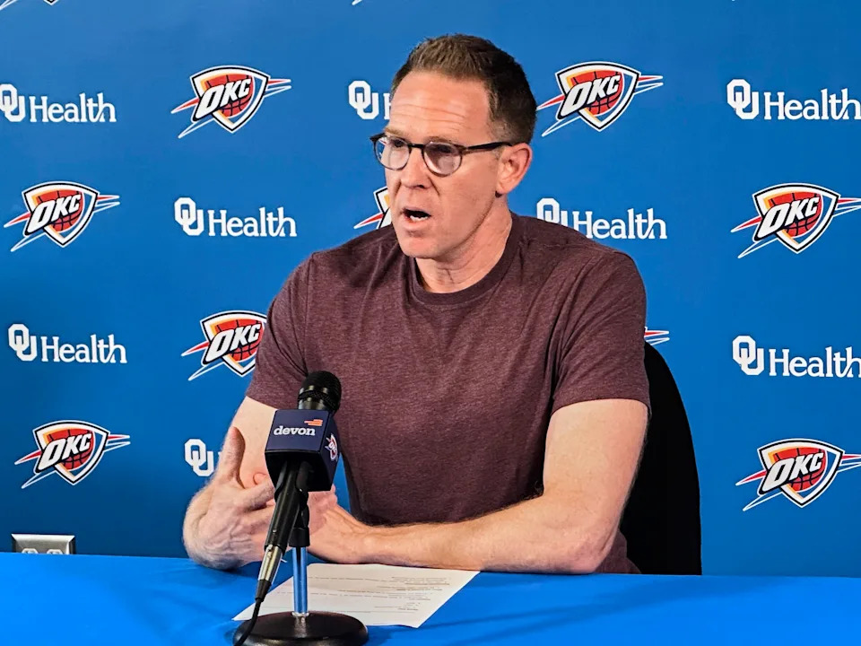 Oklahoma City Thunder general manager Sam Presti reflects on the team's first championship season during an NBA basketball press conference, Monday, June 30, 2025, in Oklahoma City. (AP Photo/Cliff Brunt)