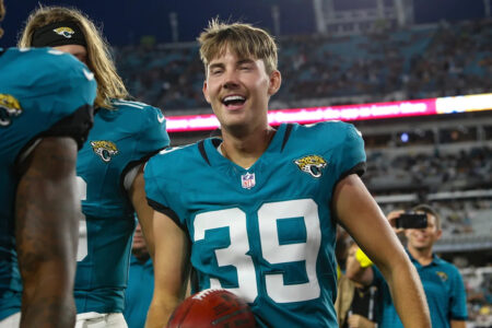 Pro Football Hall of Fame commemorating Cam Little’s 70-yard field goal with game-worn Jaguars jersey, cleat